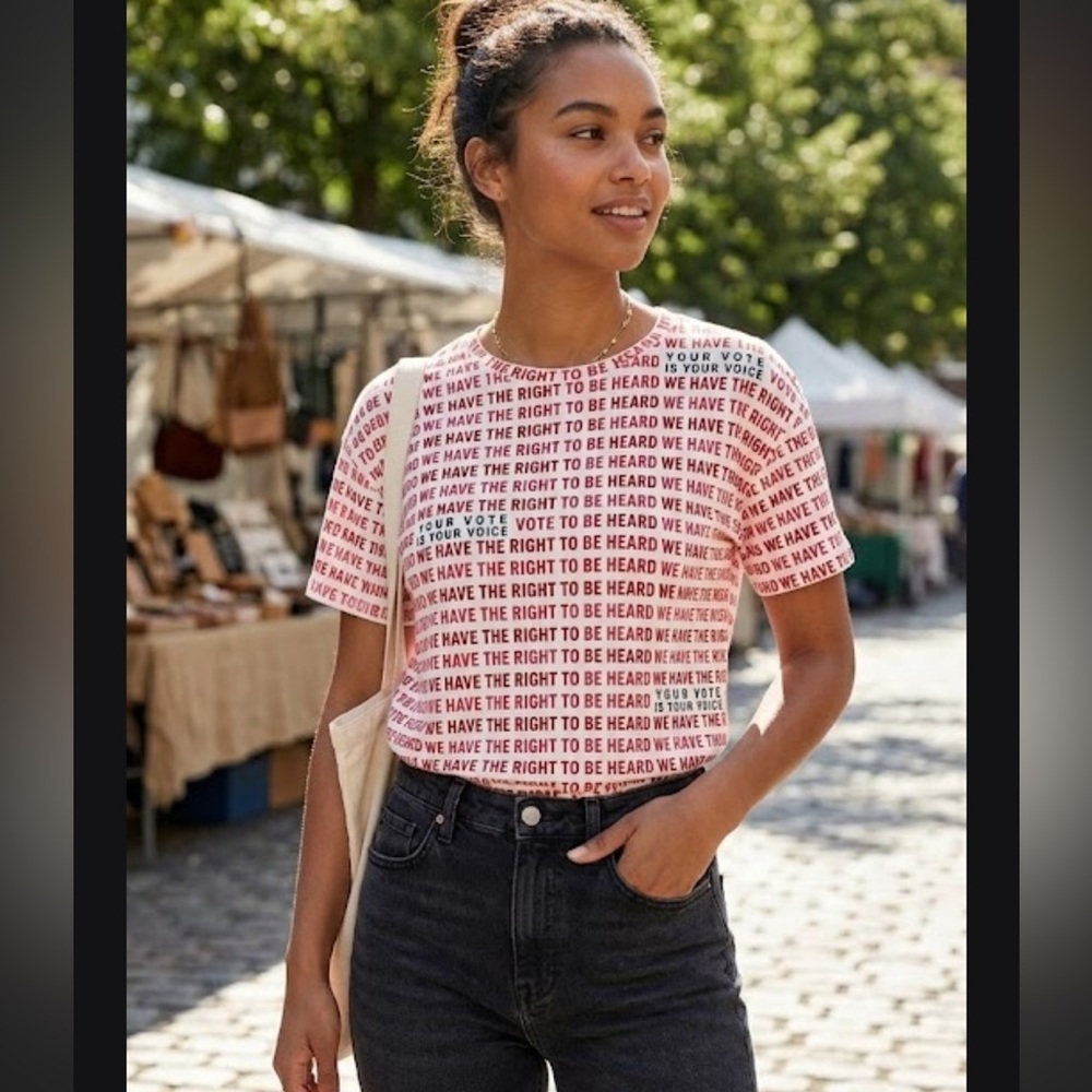 Maeve White Tee with Red Text Repeat Message